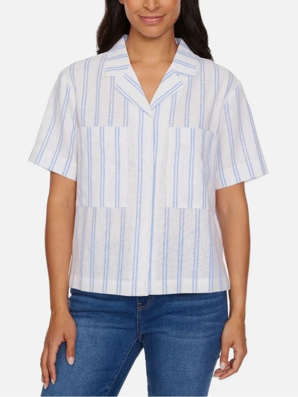 Buffalo David Bitton White & Light Blue Striped Camp Shirt L